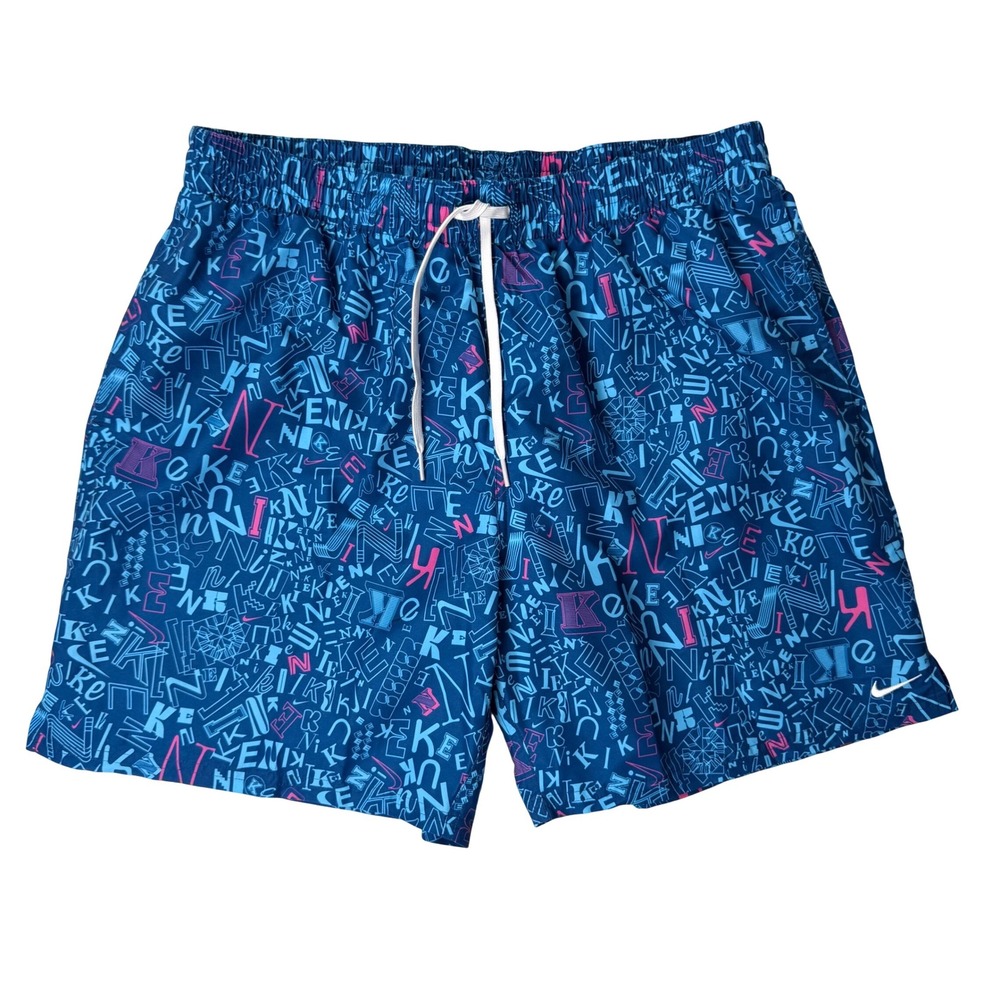 Nike Men's Swim Trunks Shorts Blue All Over Logo Elastic Waist Drawstring XL NWT